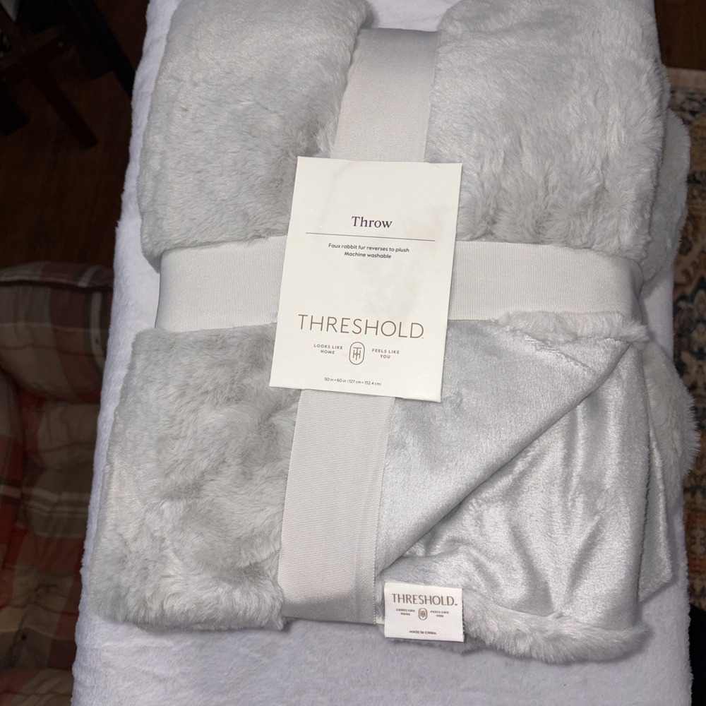 Threshold Faux Rabbit Reversible Throw 50"x60" Gray Machine Wash Blanket